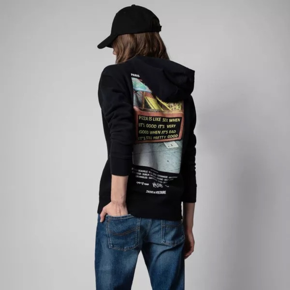 Zadig & Voltaire Black Spencer “Pizza & Sex” Graphic Hooded Sweatshirt - Picture 3 of 8